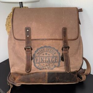 Myra Bag Brown Canvas & Leather Backpack with Laptop slot Good for Travel